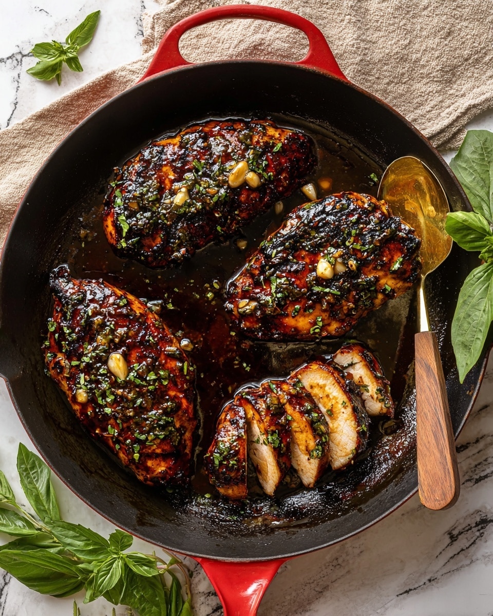 The image shows three large grilled chicken breasts in a black pan with a bright red handle, coated in a dark, shiny glaze with visible herbs and small pieces of garlic scattered on top. Two of the pieces of chicken remain whole, while the third is sliced into four pieces showing a tender, juicy light brown inside with a charred, dark crust on the outside. A golden serving spoon and a meat fork with a wooden handle rest inside the pan on the right. Fresh green basil leaves and a beige cloth are placed around the pan on a white marbled surface. Photo taken with an iphone --ar 4:5 --v 7