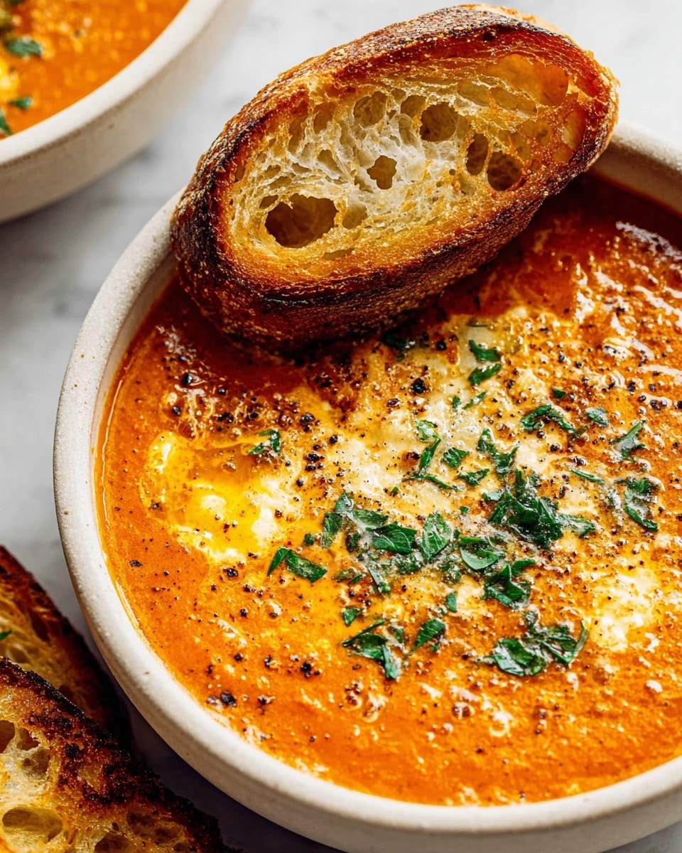 A close-up of a creamy, orange-red soup filled with small pieces of what looks like chicken or cabbage, with a slightly oily surface that has red and peppery specks. The soup is garnished with finely chopped fresh green herbs scattered across the top. A silver spoon, resting inside the white bowl, partially sinks into the soup, showing a bit of its creamy texture underneath. A wedge of rustic bread with a golden crust peeks out from the bottom right corner beside the bowl. The bowl sits on a white marbled surface. photo taken with an iphone --ar 4:5 --v 7