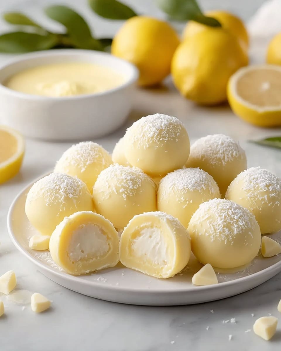 A white plate holds eleven round, smooth lemon-colored truffles arranged in a neat cluster, with two truffles at the front cut open showing a creamy, pale yellow inside that looks soft and rich. Each truffle is topped with a light dusting of white powdered sugar or coconut flakes, adding a delicate texture on the smooth surface. Small white chocolate chunks are scattered around the plate’s edge. In the background, a white bowl filled with creamy yellow lemon sauce is slightly out of focus, along with several fresh whole lemons and green leaves resting on a white marbled surface. Photo taken with an iphone --ar 4:5 --v 7