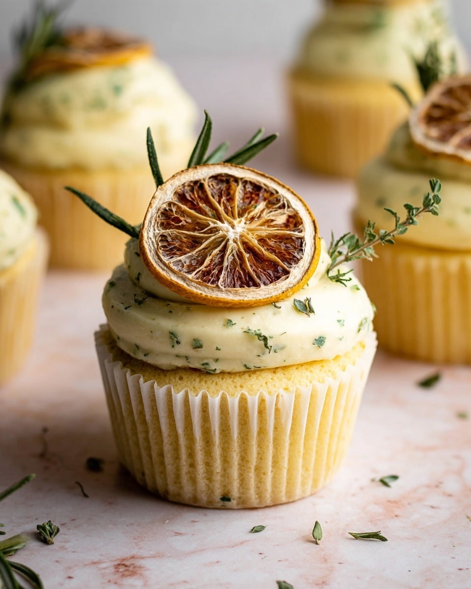 The image shows cupcakes with two main layers. The bottom layer is a light yellow cupcake base with a soft, spongy texture in a ridged white cupcake liner. The top layer is creamy light yellow frosting with green herb bits mixed inside, spread thick and smooth. On top of each cupcake is a thin, round slice of dried lemon with brown edges and a wrinkled texture, along with small green herb sprigs, including rosemary and thyme, placed beside or under the lemon slice. The cupcakes are arranged on a pale surface with a white marbled texture. Photo taken with an iphone --ar 4:5 --v 7