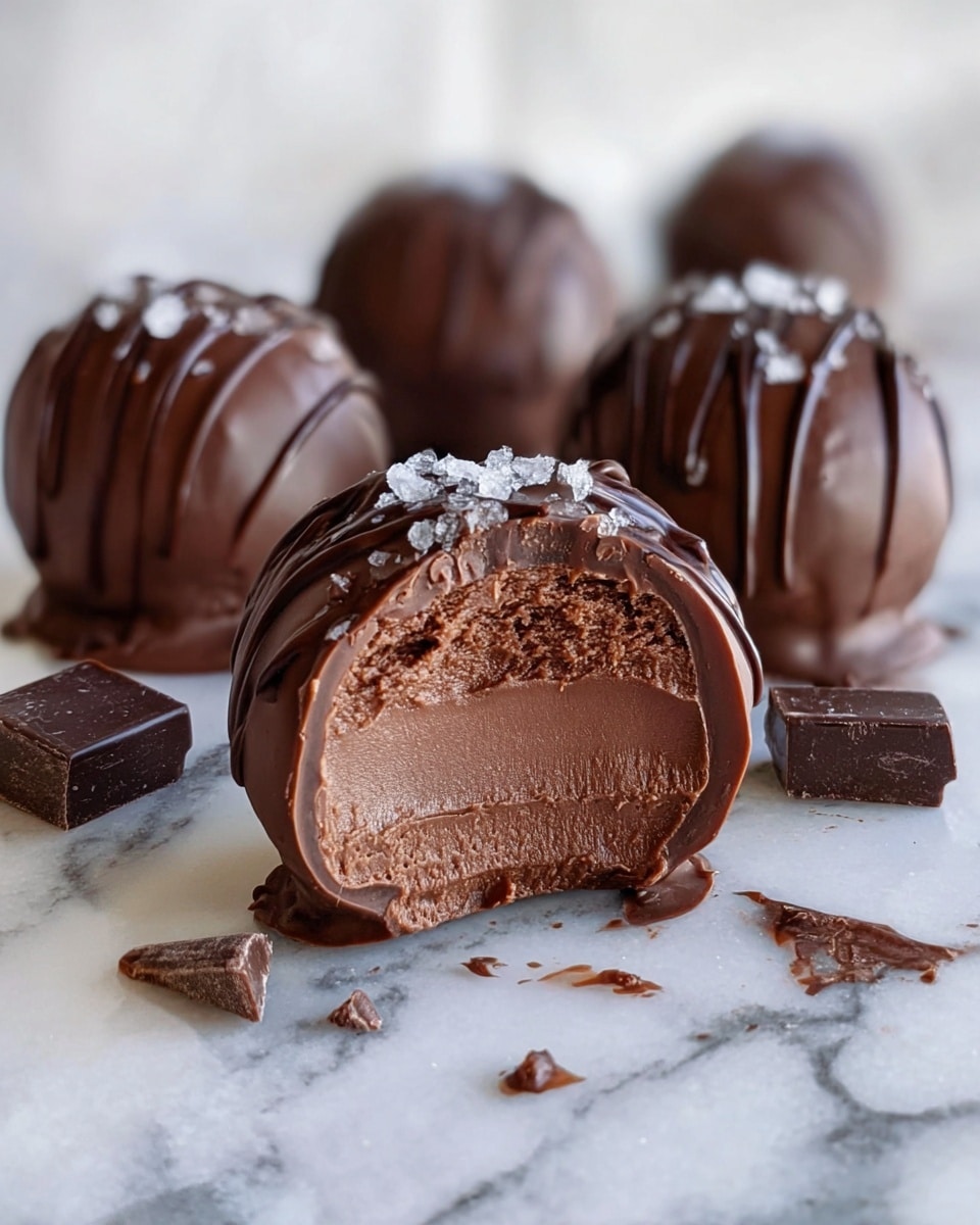 A close-up of round chocolate truffles placed on a white plate with a white marbled texture in the background. Each truffle is coated in smooth dark chocolate with darker chocolate drizzle in a crisscross pattern on top. Some truffles are topped with small flakes of sea salt that sparkle slightly. Two truffles are cut in half, showing a thick, creamy chocolate filling inside with a smooth texture. There are small pieces of broken dark chocolate scattered around the truffles. photo taken with an iphone --ar 4:5 --v 7