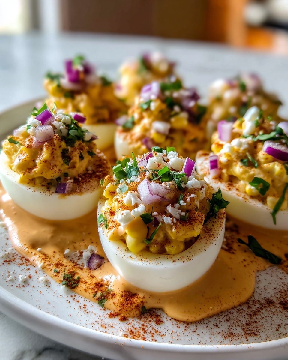 A white plate holds six halved boiled eggs, each filled with a yellow, creamy egg yolk mixture as the first layer. On top of this is a layer of small bright yellow corn kernels mixed with finely chopped purple onions, adding texture and color. The filling is sprinkled with reddish-brown paprika and finely grated white cheese, with small green herb leaves scattered on top. Light brown sauce drips gently over the sides of the egg white base, adding a glossy finish. The plate rests on a white marbled surface with a blurred kitchen background. photo taken with an iphone --ar 4:5 --v 7