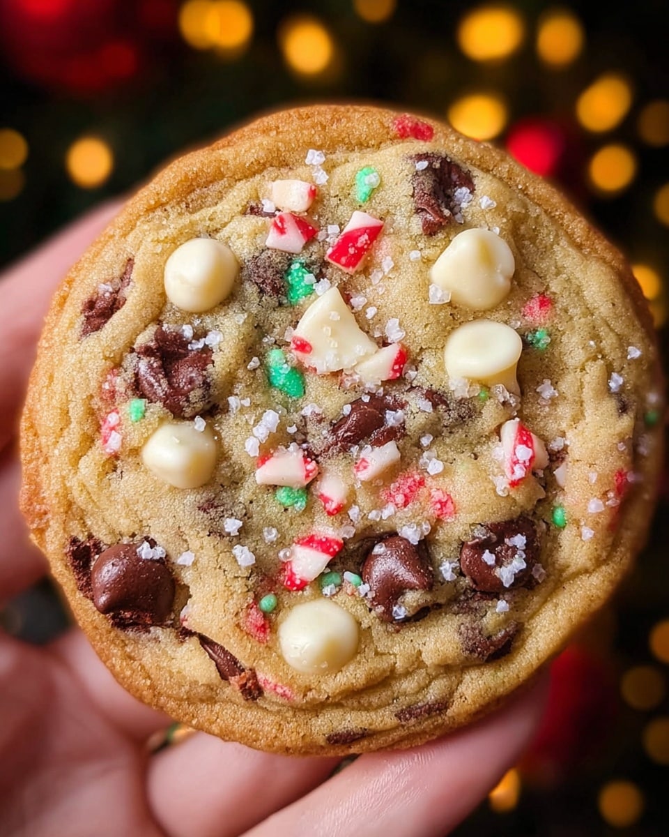 A close-up view of a single round cookie held by a woman's hand, showing a golden brown baked dough base filled with both dark brown and white chocolate chips, along with small red, white, and green candy pieces. The cookie surface has a slightly rough texture with tiny sugar crystals sprinkled on top. The edges are textured and slightly crisp, with the center dense and studded with colorful bits. The background is blurred with spots of warm light, adding a festive feel. photo taken with an iphone --ar 4:5 --v 7