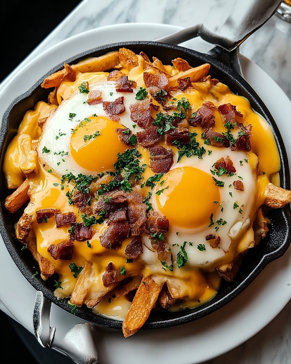 A round black skillet holds a dish with three clear layers: the bottom layer is golden brown crispy fries, the middle is melted light orange cheese covering the fries, and the top is scattered pieces of crispy dark brown bacon. On top sits a sunny-side-up egg with a bright yellow yolk and white edges, sprinkled with small green herb bits. The skillet is placed on a white marbled surface with a patterned cloth partially visible on the left side. Photo taken with an iphone --ar 4:5 --v 7