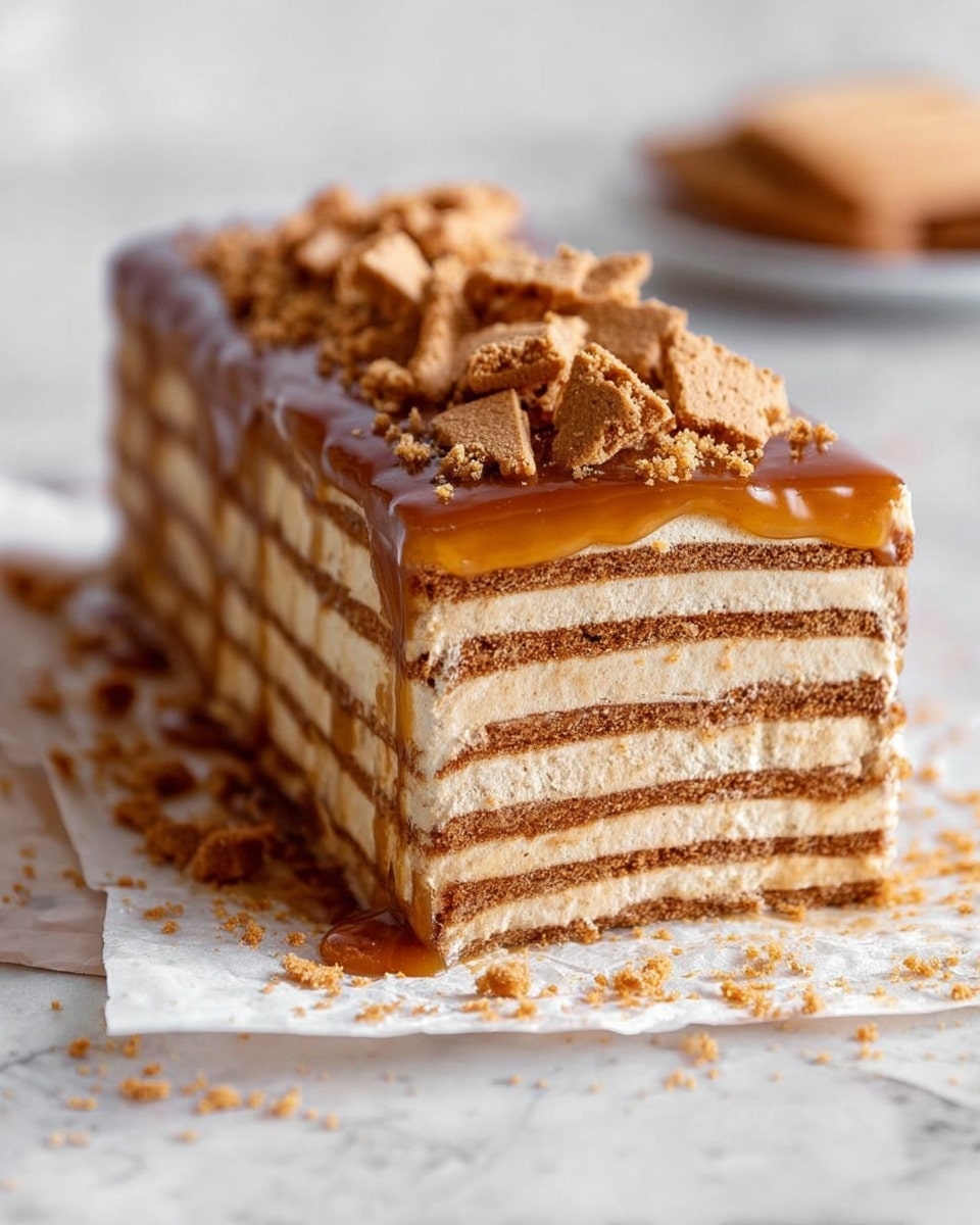 A rectangular layered dessert with at least eight visible layers, alternating between light creamy beige and darker brown cookie layers, creating a striped pattern. The top layer is coated in a smooth, glossy caramel sauce that drips slightly down the side, and is topped with broken pieces of caramel-colored cookies scattered unevenly. The dessert sits on a piece of parchment paper on a white marbled surface, with some cookie crumbs around it. The background is softly blurred. photo taken with an iphone --ar 4:5 --v 7