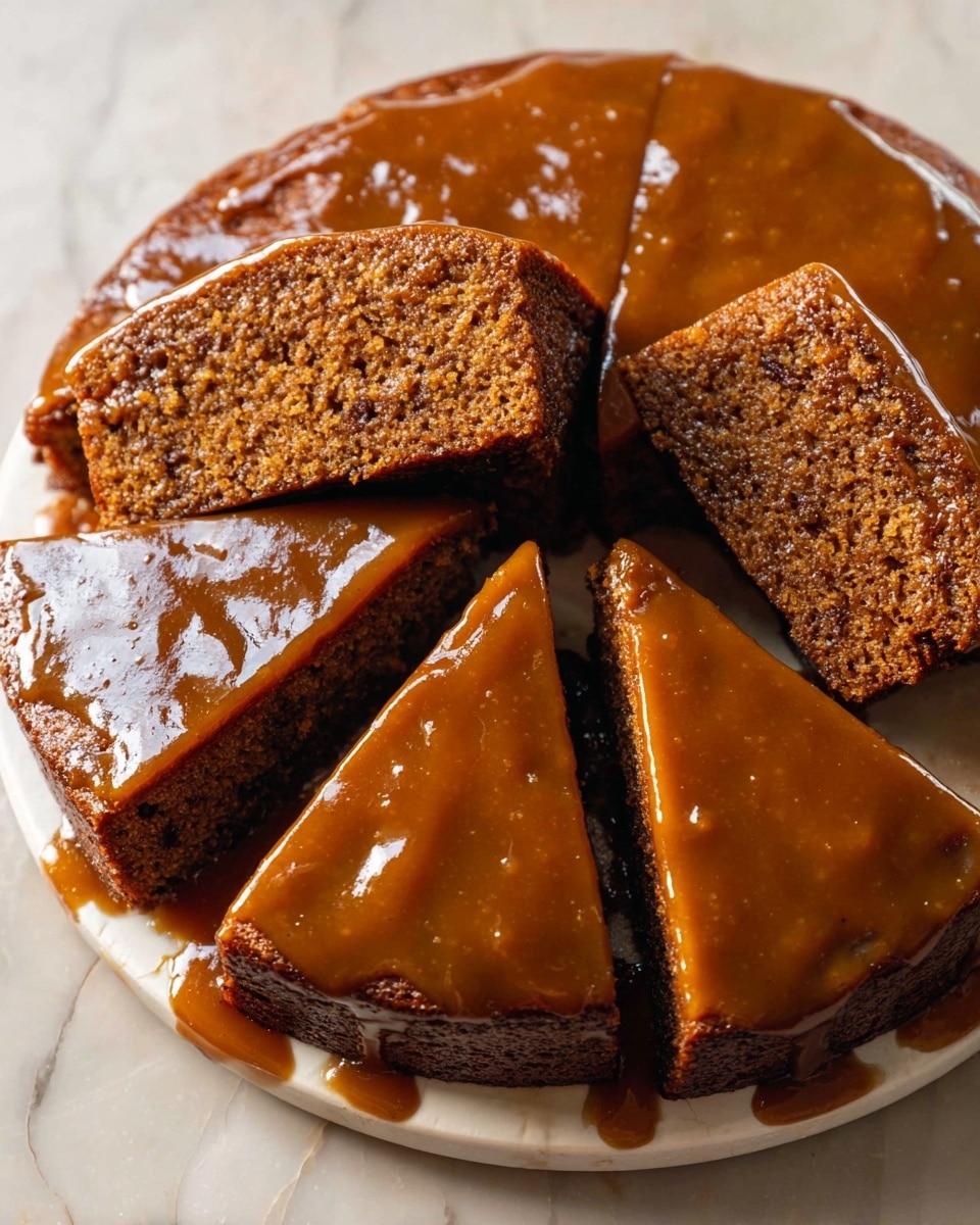 A round cake with six triangular slices cut, each slice showing a moist, dark brown crumb inside. The whole cake and slices are covered in a shiny, smooth, thick caramel-colored glaze that drips slightly onto a white plate below. The cake rests on a white marbled surface, and the glaze appears glossy and rich with a slightly sticky texture on top of each slice. Photo taken with an iphone --ar 4:5 --v 7