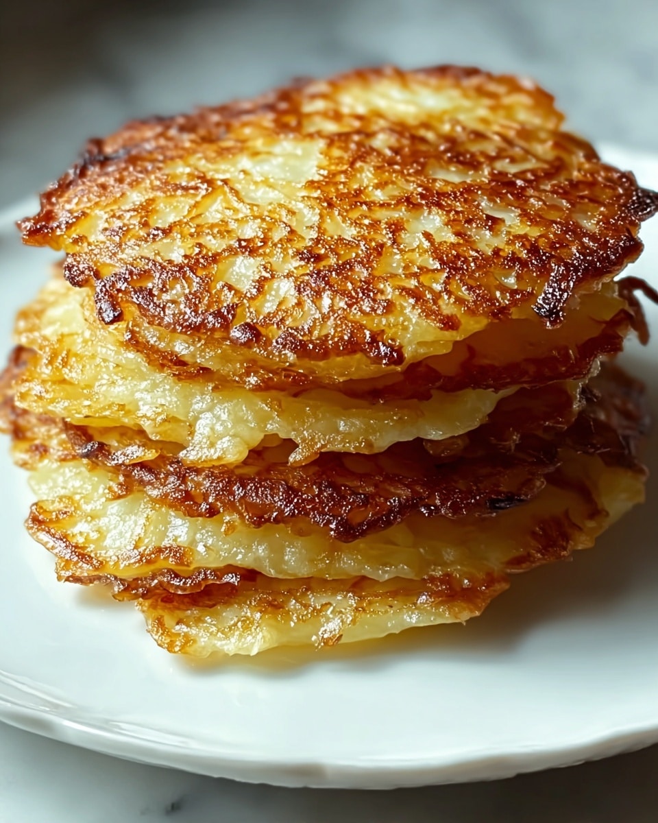 A stack of five golden-brown crispy potato pancakes on a white plate, each pancake showing a mix of light yellow and darker browned edges with a lacy, crunchy texture. The layers are uneven but neatly stacked, with glistening spots of oil giving a glossy look. The plate rests on a white marbled surface which contrasts with the warm colors of the pancakes. photo taken with an iphone --ar 4:5 --v 7