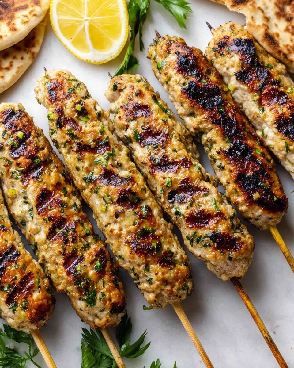 The image shows several grilled chicken skewers arranged closely on a white marbled surface. Each skewer has a single thick layer of ground chicken shaped around the wooden stick, with visible grill marks in dark brown and black stripes. The chicken meat is golden brown with specks of green herbs sprinkled over it and slight charring for texture. In the background, there is a slice of lemon and some green leaves adding color contrast, with pieces of grilled flatbread placed nearby, showing slightly charred marks and a rough texture. photo taken with an iphone --ar 4:5 --v 7
