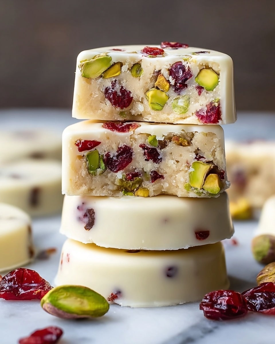 The image shows a stack of three round white chocolate bars, each with a smooth creamy white top layer and filled with a dense base mixed with green pistachio pieces and red dried cranberries. The top two bars reveal a cross-section that shows the light beige, slightly crumbly texture filled evenly with bright green nuts and deep red berries inside. The bottom bar is whole, showing a smooth white surface with visible nut and berry bits poking through the edges. A few additional pistachios and cranberries lie on a white marbled surface around the stack. Photo taken with an iphone --ar 4:5 --v 7