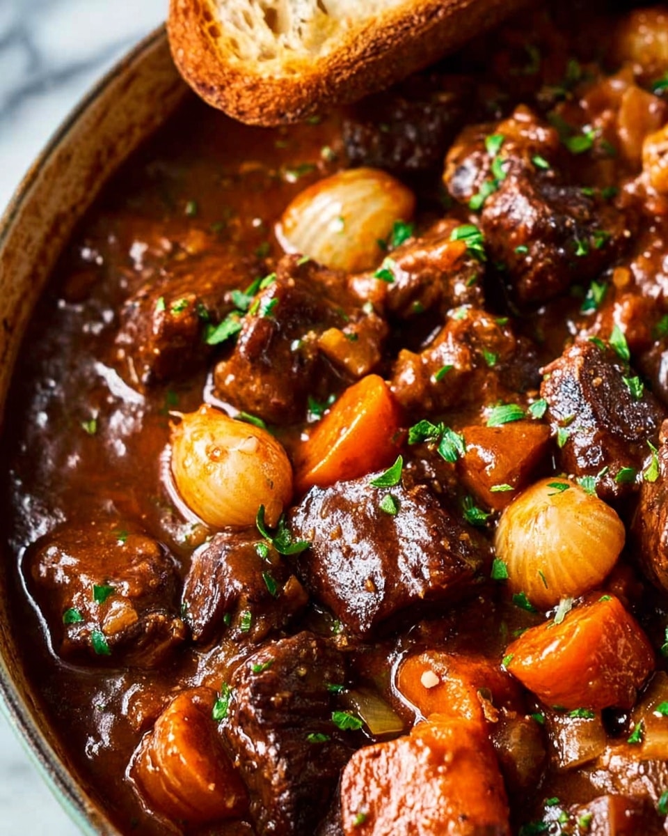 A close-up view of a rich beef stew showing thick chunks of dark brown beef surrounded by soft, round slices of bright orange carrots and whole pearl onions with a light cream color. The dish is coated in a shiny, thick brown sauce that covers all the ingredients, with small green herb leaves sprinkled evenly on top. A piece of toasted brown crusty bread rests at the top edge of the image, hinting at the stew's hearty texture. The background is a white marbled texture. Photo taken with an iphone --ar 4:5 --v 7