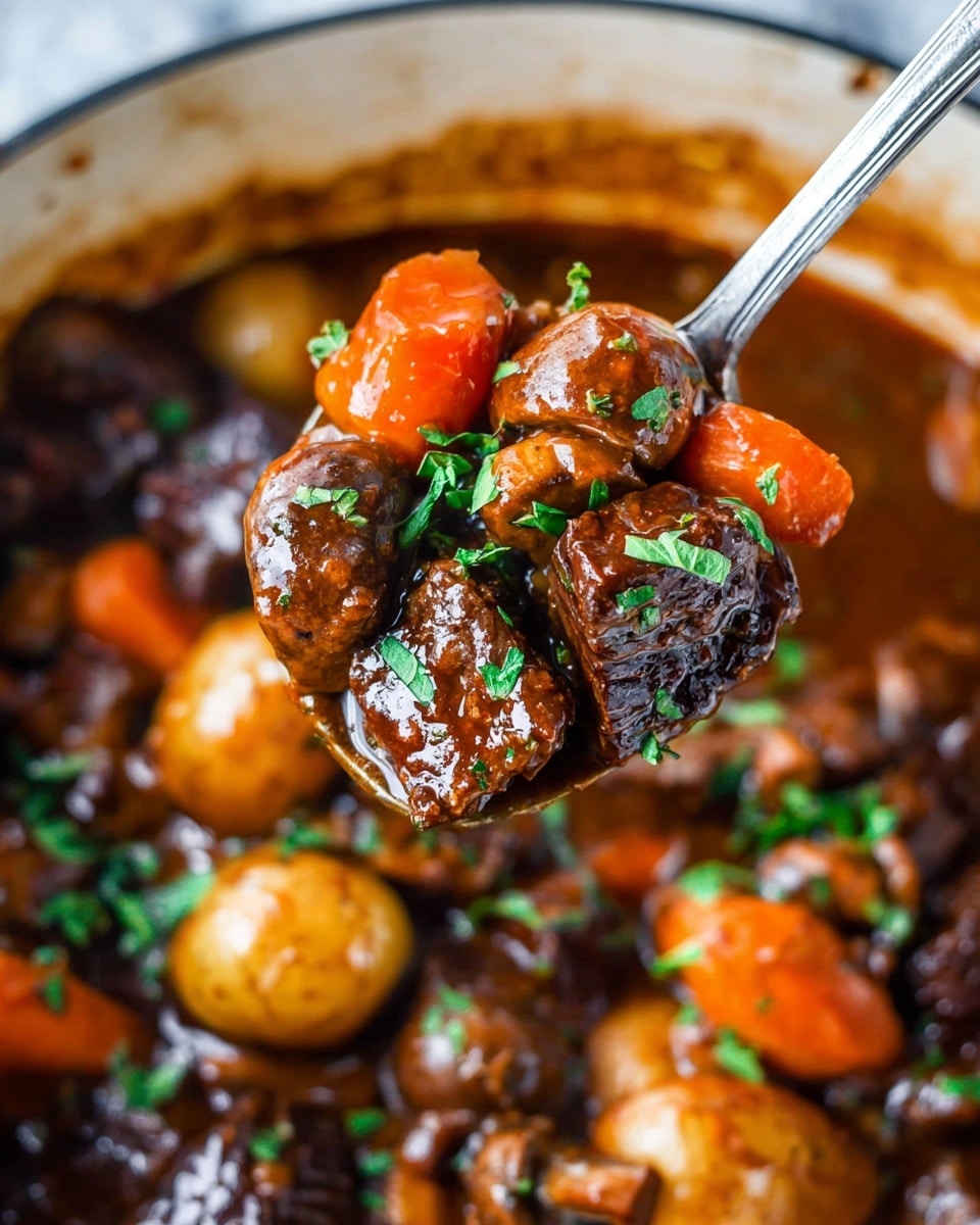 A close-up of a rich stew showing chunky pieces of dark brown beef, glazed baby potatoes, bright orange carrot slices, and whole brown mushrooms, all coated in a thick, glossy brown sauce. The stew is garnished with fresh green herb leaves scattered on top. Everything is held carefully on a spoon above a white pot filled with the same hearty stew. The background has a white marbled texture. photo taken with an iphone --ar 4:5 --v 7