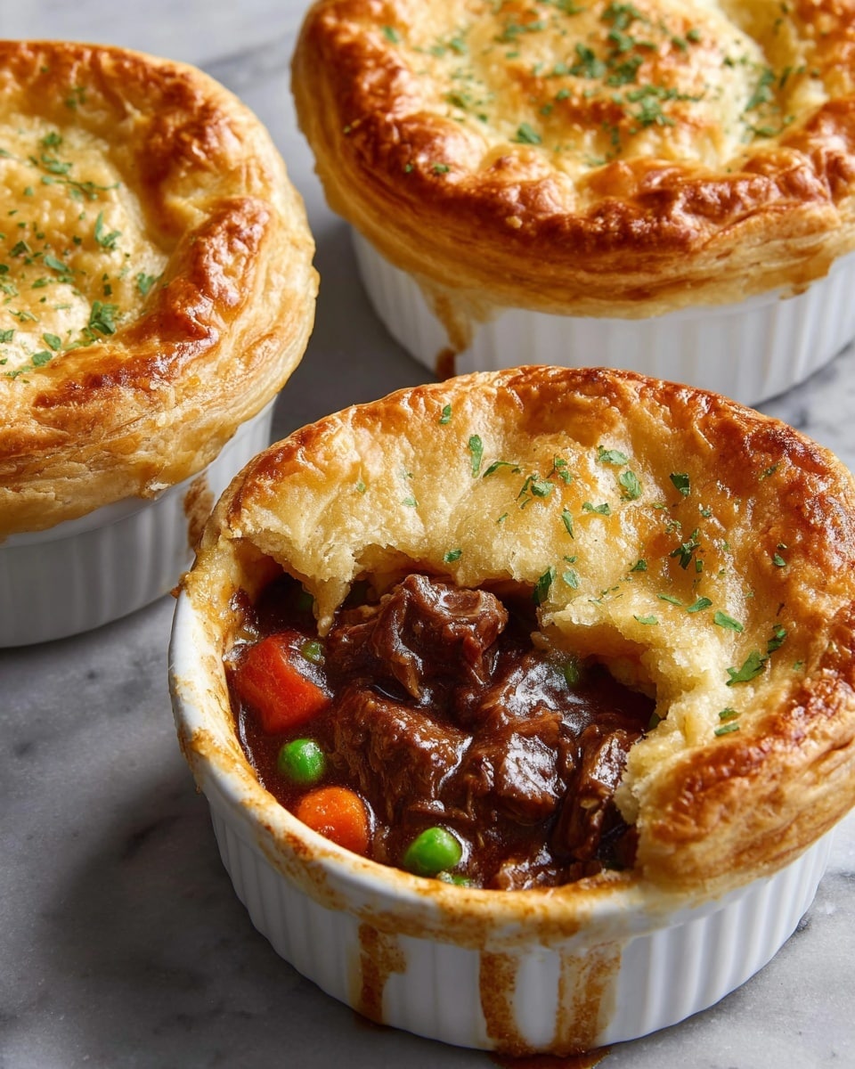 Three individual white ceramic ramekins hold savory beef pot pies sitting on a white marbled texture. Each pie has a thick golden-brown crust with a shiny, slightly flaky top layer sprinkled with finely chopped green herbs. One pie in the front shows a large bite taken out, revealing a rich, dark brown beef stew filling with visible chunks of tender meat, small orange carrot pieces, and green peas in a thick, glossy gravy. The crust edges are puffed and browned, with some gravy spilled down the sides, adding a rustic, homemade feel. The overall scene is warm and inviting, highlighting the contrast between the golden crust and the hearty, colorful filling inside. Photo taken with an iphone --ar 4:5 --v 7