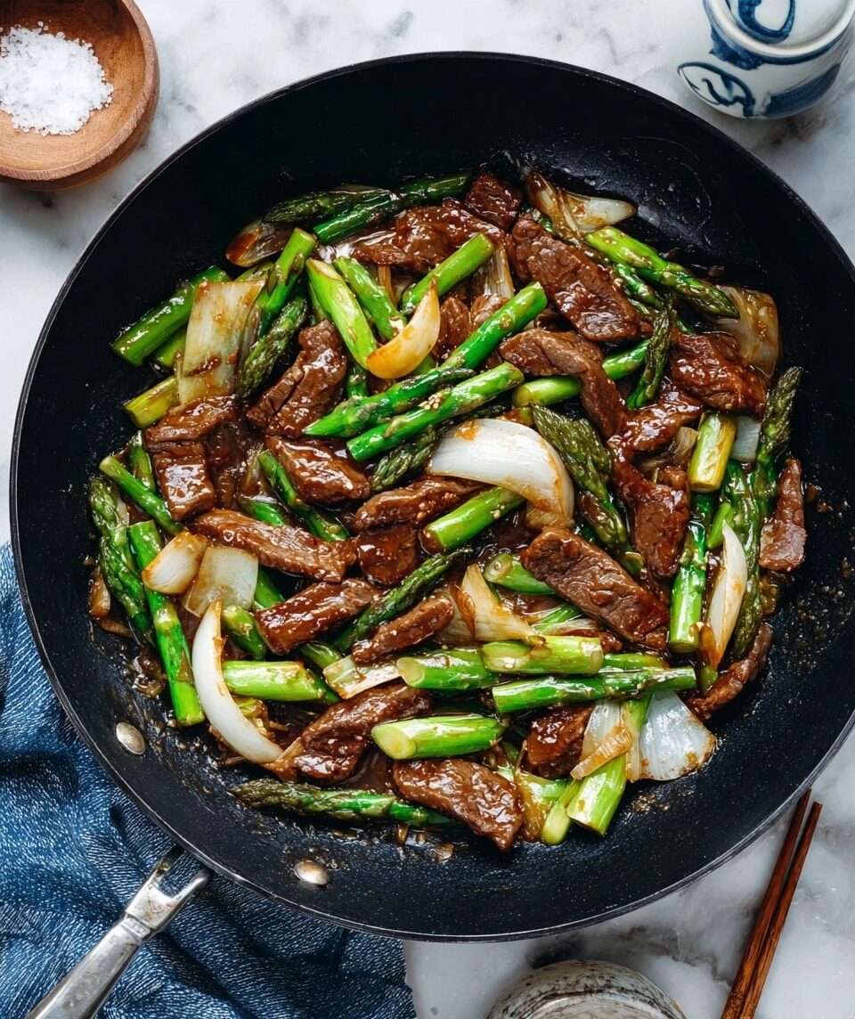 A black wok filled with a stir-fry dish showing several layers: the bottom layer is a caramel brown glossy sauce coating the ingredients, the main layer has medium-thick strips of dark brown cooked beef, bright green asparagus stalks cut into smaller pieces, and large white onion slices that have a slight shine. Thin slices of light brown garlic are scattered throughout. The wok sits on a white marbled surface with metal chopsticks resting on the side, a small white and blue ceramic jar, and a wooden bowl of coarse salt nearby, along with a folded blue and white cloth. Photo taken with an iphone --ar 4:5 --v 7