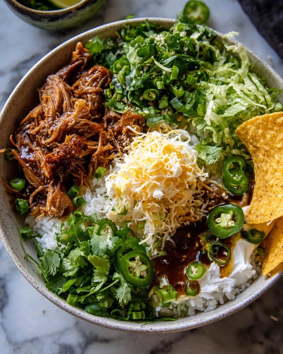 A deep white bowl filled with fluffy white rice as the base layer, topped with shredded dark brown pulled meat in two sections, fresh shredded green lettuce on the top right, and a generous mound of light yellow shredded cheese in the center. Bright green sliced jalapeños and chopped green onions are scattered around the cheese. A small amount of white sour cream peeks through near the cheese, and fresh green cilantro leaves are spread across the dish. On the right edge, a yellow crispy tortilla chip dips partly in a thick, dark brown sauce. The bowl sits on a white marbled surface. photo taken with an iphone --ar 4:5 --v 7