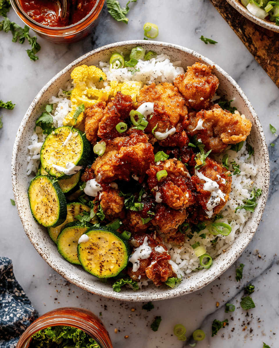 The image shows a bowl filled with a colorful layered meal. At the bottom is a layer of white rice with a fluffy texture. On top of the rice, there are golden brown fried chicken pieces coated in a crispy, slightly shiny coating. Scattered around and under the chicken are slices of grilled green zucchini and yellow squash, seasoned with black pepper. Fresh green herbs and chopped green onions are sprinkled on top and around the chicken, adding a fresh, leafy green color. Small spots of white sauce are drizzled over some of the chicken pieces. The bowl is white with a speckled texture, sitting on a white marbled surface. Nearby, a jar of red sauce garnished with green herbs is partially visible. Photo taken with an iphone --ar 4:5 --v 7