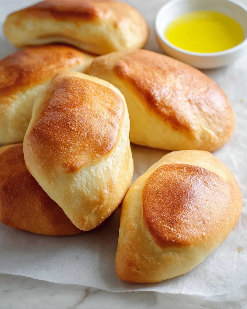 This image shows a group of six golden-brown folded bread pieces resting closely together on a white marbled surface. Each bread piece has a smooth top, slightly rounded and puffed, with a soft, light tan color and hints of darker browning from baking. The breads are thick, with a seam down the middle suggesting they are stuffed inside. In the background, on the right side, there is a small white bowl filled with melted butter that appears shiny and yellow. The overall scene feels warm and freshly baked, with a soft texture visible on the breads. photo taken with an iphone --ar 4:5 --v 7