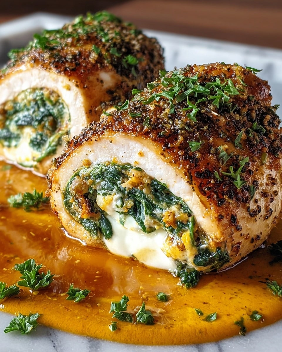 Two browned and crispy rolled pieces of stuffed chicken are shown close up, each cut open to reveal a filling of creamy white cheese mixed with vibrant green spinach and bits of golden-brown seasoning. The chicken surface has a textured, speckled crust with fresh chopped parsley sprinkled on top. These rolls rest on a smooth, thick, orange-brown sauce spread beneath them, with small pieces of parsley scattered on the sauce, all set against a white marbled texture. Photo taken with an iphone --ar 4:5 --v 7