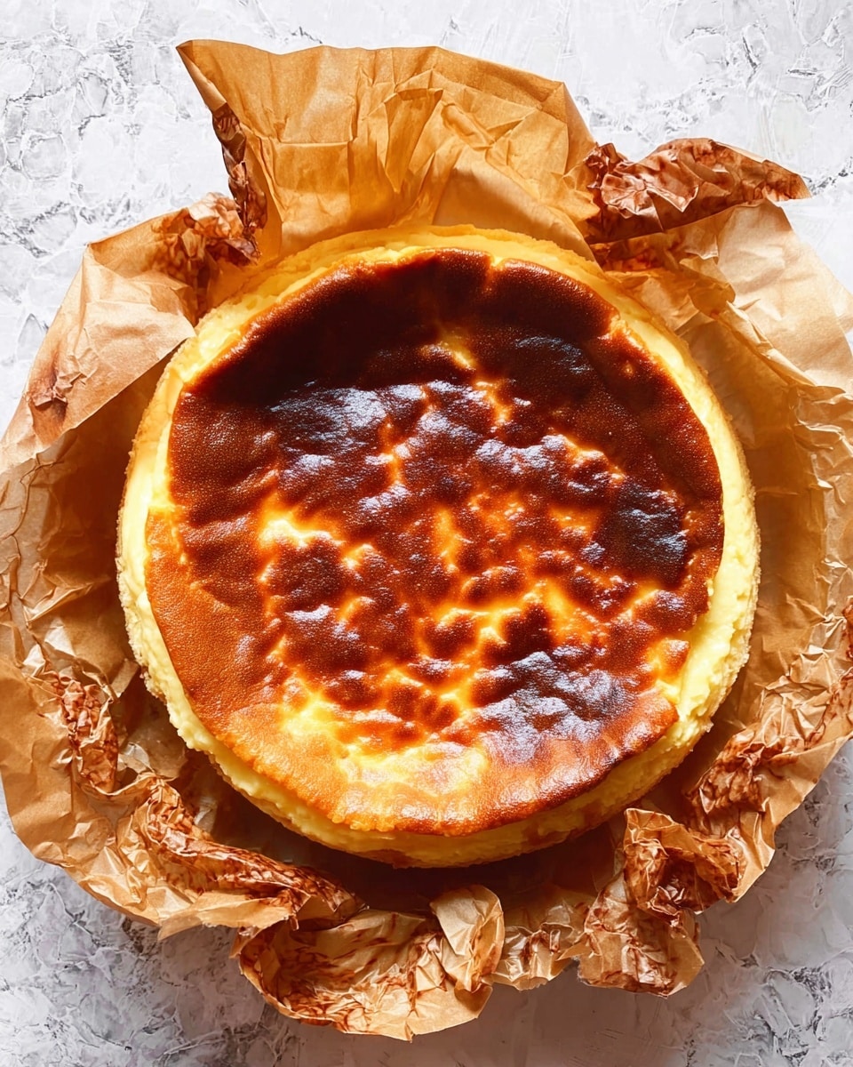 A round baked cheesecake with a rich golden-brown top that is slightly wrinkled and caramelized, showing darker brown spots and uneven texture across the surface. Beneath the top layer is a smooth creamy yellow cheesecake filling, visible around the edges where it rises slightly above the darkened crust. The cheesecake rests on crumpled parchment paper that has darkened spots from baking and torn pieces around the edges. The whole setup is placed on a white marbled texture background. photo taken with an iphone --ar 4:5 --v 7