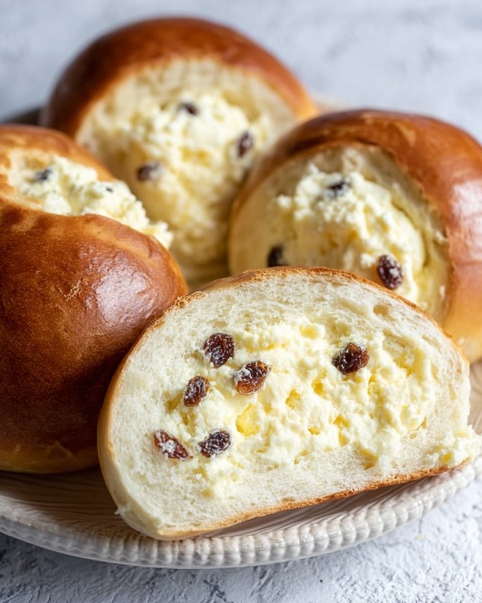 The image shows soft round buns with a golden brown crust and a creamy pale yellow filling in the center, dotted with small dark raisins. One bun is cut open to reveal the inside, where the filling looks fluffy and slightly crumbly, spread thickly across the soft white bread inside. The buns are placed on a white plate with a textured rim, set on a white marbled surface. The close-up view highlights the contrast between the smooth, dense bread and the creamy filling. photo taken with an iphone --ar 4:5 --v 7