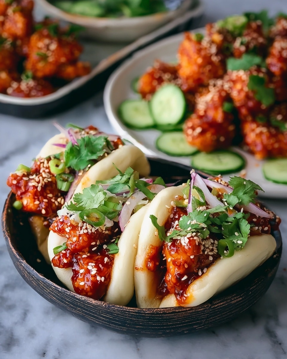A close-up of a soft, white bao bun held by a woman's hand, filled with three shiny, sticky pieces of dark reddish-brown glazed fried chicken, sprinkled with white sesame seeds and chopped green herbs. Underneath the chicken, slices of thin purple onion and green cucumber strips add fresh color and texture, all inside the fluffy bun. In the blurry background, more baos filled the frame on a white plate resting on a white marbled surface. photo taken with an iphone --ar 4:5 --v 7