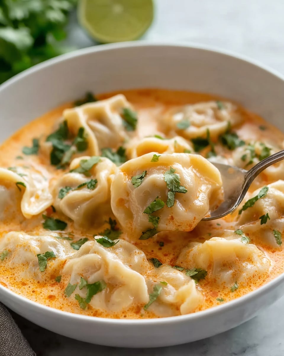 A white bowl is filled with soft dumplings that have a light beige, slightly translucent dough skin, floating in a creamy orange sauce with a smooth texture. Fresh green cilantro leaves are scattered over the dumplings and sauce, adding a touch of color and freshness. A silver spoon is gently lifting one dumpling, showing its delicate shape and softness. The scene is finished with a hint of a lime half and a blurred green herb background resting on a white marbled surface. Photo taken with an iphone --ar 4:5 --v 7
