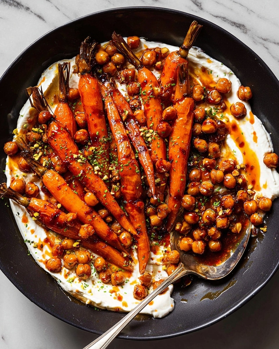 This image shows a dish with roasted carrots on the left side, their bright orange skin shiny and caramelized with herbs sprinkled on top. On the right, there is a creamy white layer of melted cheese or yogurt spread unevenly across the plate. Scattered all over are small, round, golden-brown chickpeas mixed with drops of bright red oil or sauce, adding color contrast. A silver spoon scoops some of the chickpeas and creamy sauce from the plate, capturing a close-up view of the textures. The entire dish sits on a black surface which contrasts with the food's warm colors, with a few green herb bits sprinkled on top for freshness. photo taken with an iphone --ar 4:5 --v 7