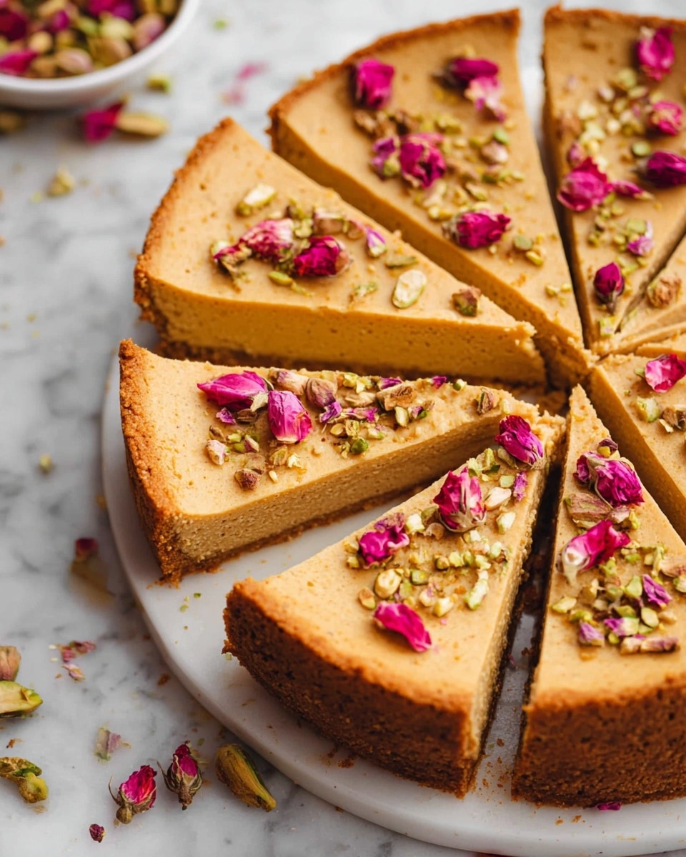 A close-up view of a thick, round pie divided into eight slices on a white plate, each slice showing a smooth, light tan filling with a firm golden brown crust around the edges. The filling layer is topped with scattered chopped green pistachios and small bright pink rose petals, adding spots of color and texture. The pie sits on a white marbled surface with bits of pistachio and petals around it, hinting at fresh toppings. Photo taken with an iphone --ar 4:5 --v 7
