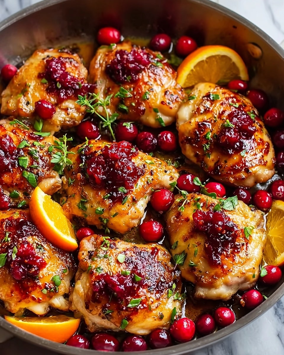 The image shows a pan filled with golden-brown grilled chicken thighs that have a slightly crispy texture on top. Each chicken piece is topped with small dollops of vibrant red cranberry sauce. Bright red whole cranberries are scattered between the chicken pieces, adding pops of color. Fresh green herbs are sprinkled over the chicken for a touch of freshness. In two places, there are thin orange slices adding a bright orange contrast to the dish. The pan sits on a white marbled surface, enhancing the colors of the food. photo taken with an iphone --ar 4:5 --v 7