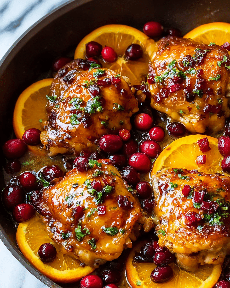 The image shows a close-up of four pieces of golden-brown chicken thighs that look juicy and cooked with a shiny glaze, placed in a pan. The chicken is topped with small pieces of red cranberries and chopped green herbs. Bright orange slices are arranged around and under the chicken, adding a pop of color with their fresh, juicy texture. Whole cranberries are scattered between the chicken pieces, giving a deep red contrast. The pan is set on a white marbled surface. photo taken with an iphone --ar 4:5 --v 7