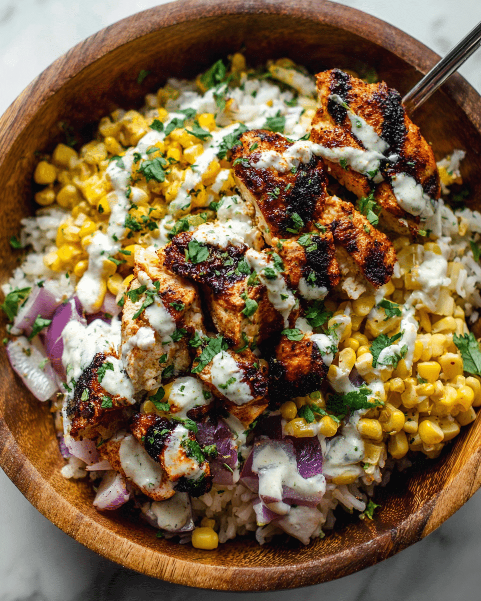 A wooden bowl filled with three layers: at the bottom is white rice mixed with small pieces of red onion and chopped green herbs, the middle layer consists of bright yellow grilled corn, and the top layer has several pieces of well-charred, spiced grilled chicken with a crispy texture. A creamy white sauce is drizzled over the chicken and some of the corn and rice. The bowl sits on a white marbled surface, and in the background, pieces of flatbread are slightly visible. photo taken with an iphone --ar 4:5 --v 7
