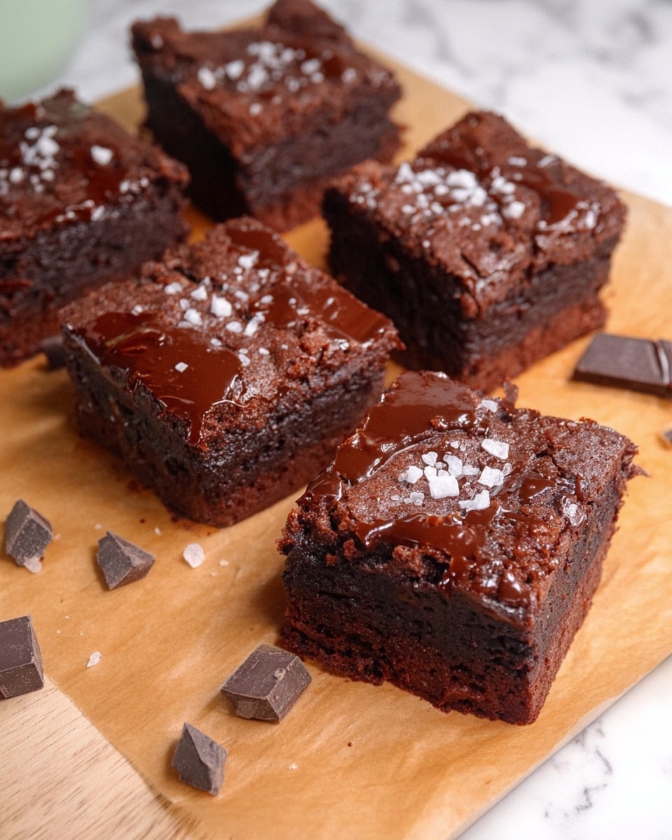 The image shows five thick, square brownies arranged on a baking paper-lined wooden board. Each brownie has one dense, dark brown layer with a slightly cracked top covered in melted chocolate and sprinkled with coarse white sea salt. Around the brownies, there are a few dark chocolate chunks. The background is a white marbled texture. photo taken with an iphone --ar 4:5 --v 7