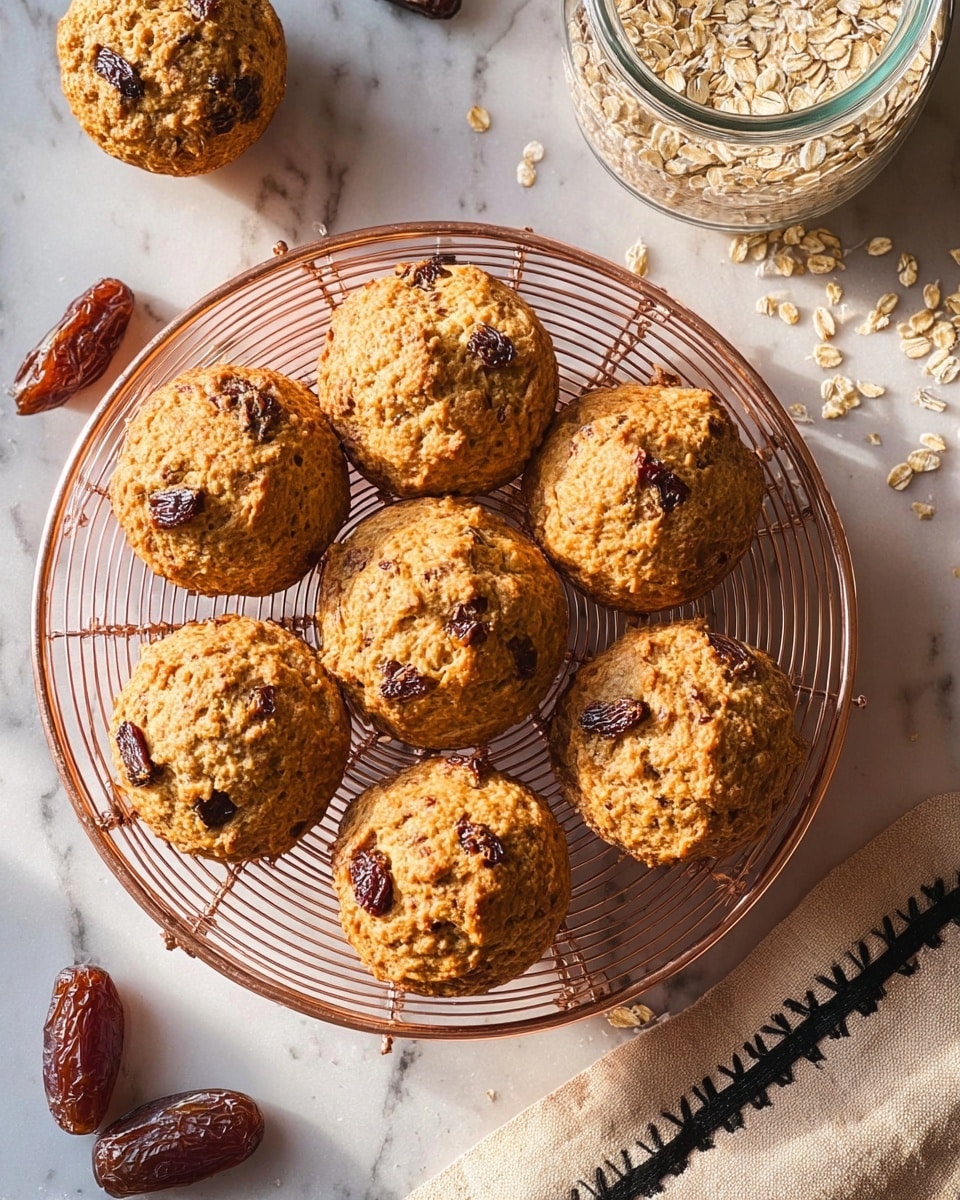 The image shows a round copper cooling rack holding ten golden-brown muffins with a slightly rough texture, dotted with small chunks of dark brown dates scattered throughout. The muffins are arranged in a close cluster on the grid pattern of the rack, which sits on a white marbled surface. Around the rack, there are loose pieces of oats and some whole dates, adding a natural touch to the scene. In the top right corner, a clear jar filled with rolled oats is partly visible, and a folded beige cloth with black edging peeks in from the right side. The lighting is warm and soft, enhancing the colors and textures of the muffins. Photo taken with an iphone --ar 4:5 --v 7