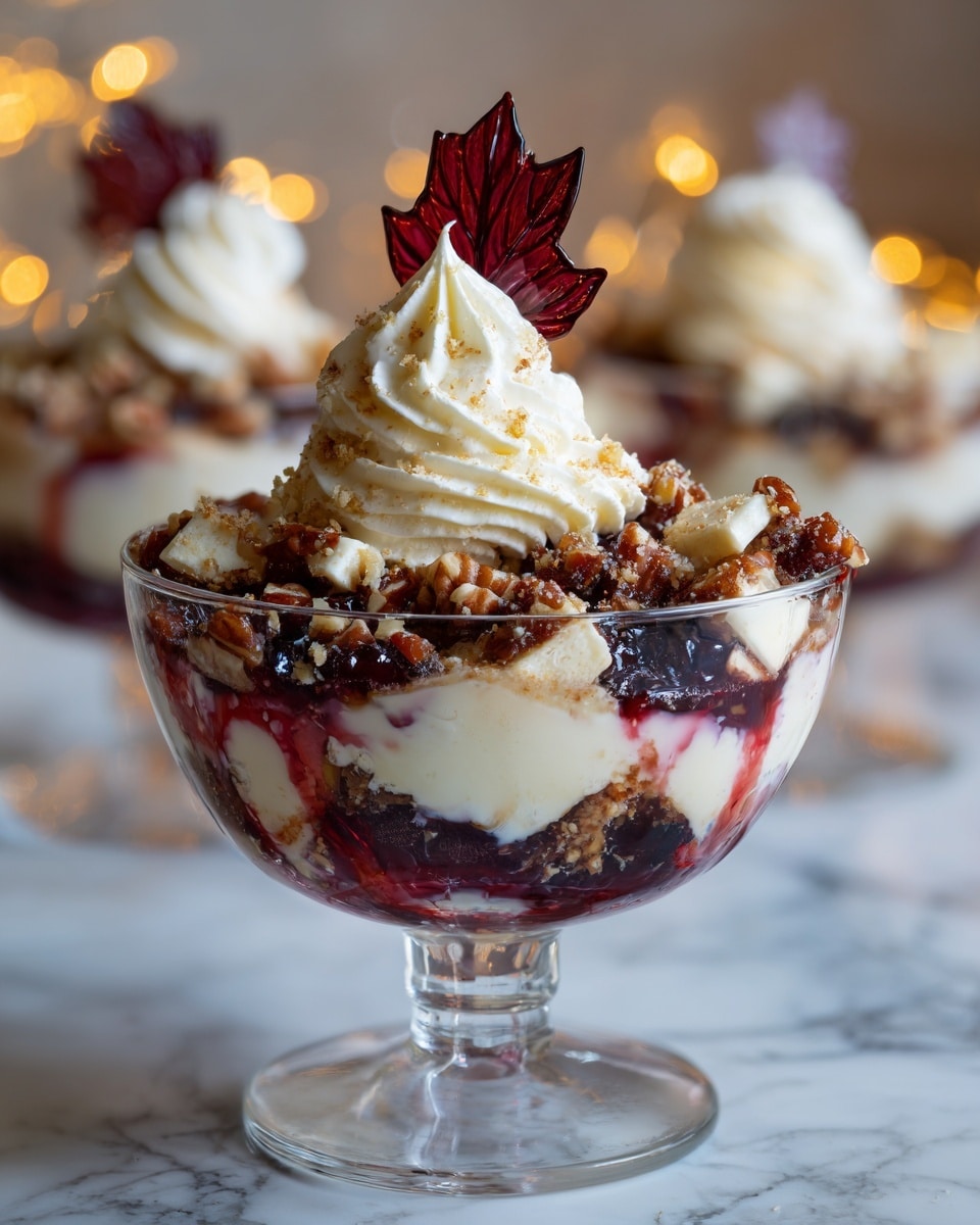 A glass dessert bowl holds a layered trifle with a dark red fruit base, topped with crumbled brown nuts and chunks of white cream. Above this are more rough brown nut pieces mixed with white cream showing slight swirls of red syrup. The entire dessert is crowned with a tall swirl of smooth white cream and garnished with a dark red leaf-shaped decoration. The bowl sits on a white marbled surface, and there are similar bowls blurred in the background with warm ambient lights. Photo taken with an iphone --ar 4:5 --v 7