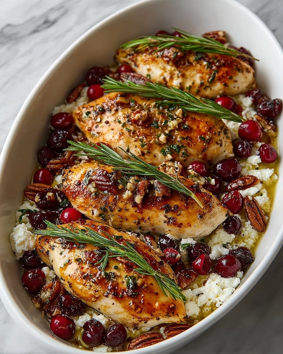 The dish shows four pieces of golden-brown cooked chicken breast, arranged in a white oval bowl. The chicken sits on a base layer of white, creamy cheese crumbles. Bright red cranberries and shiny dark brown pecans are scattered around and on top of the chicken. Fresh green rosemary sprigs are placed on each chicken piece, adding a pop of color. Light green herbs are sprinkled over the whole dish. The bowl is placed on a white marbled texture. Photo taken with an iphone --ar 4:5 --v 7