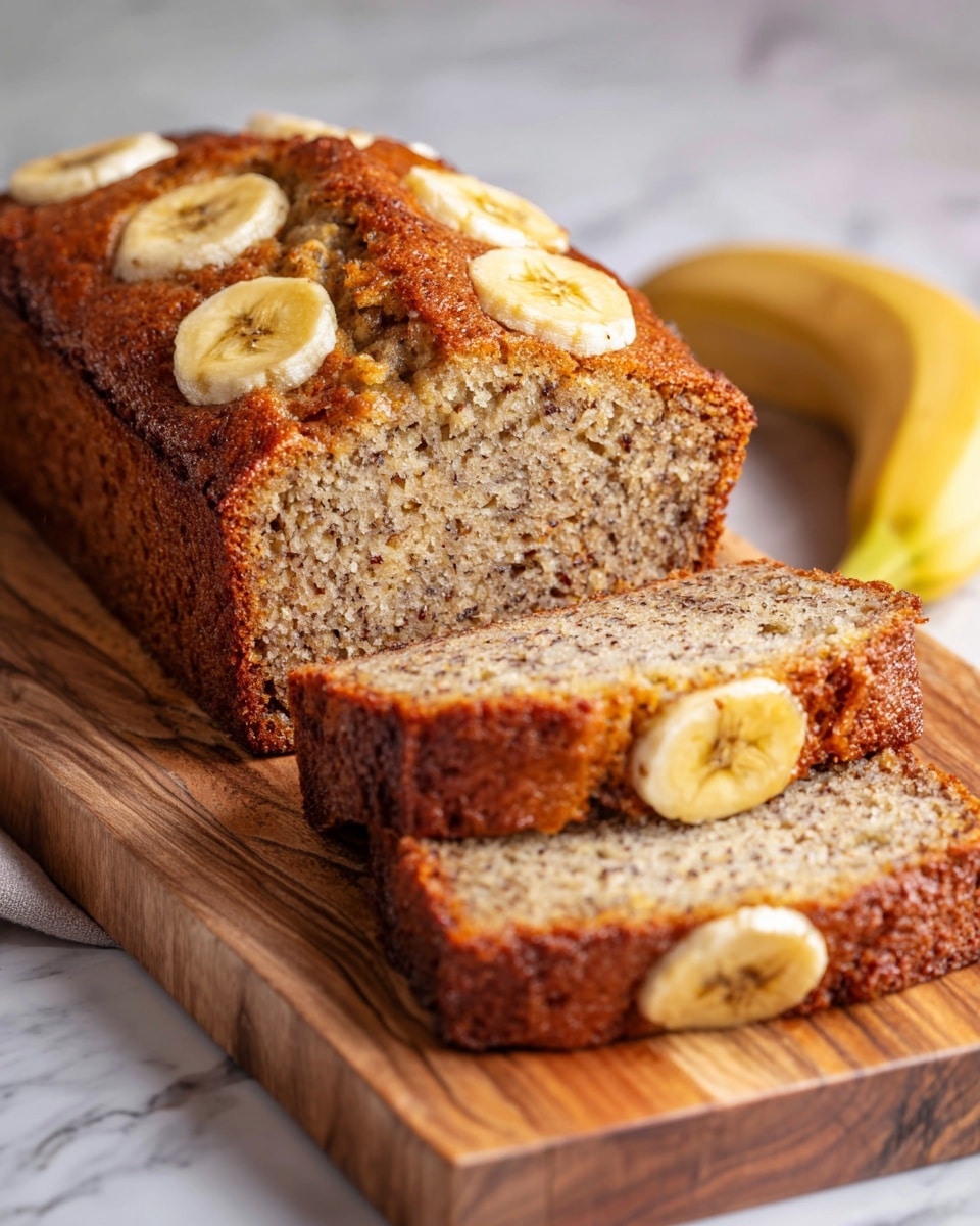 The image shows a loaf of banana bread sliced into three pieces, placed on a wooden board. The banana bread has a golden-brown crust with a soft, moist interior filled with small brown specks, showing the texture of mashed bananas. On the top of the loaf and slices, thin banana slices are placed lengthwise, slightly caramelized and sticking to the crust. The wooden board rests on a white marbled surface. Photo taken with an iphone --ar 4:5 --v 7