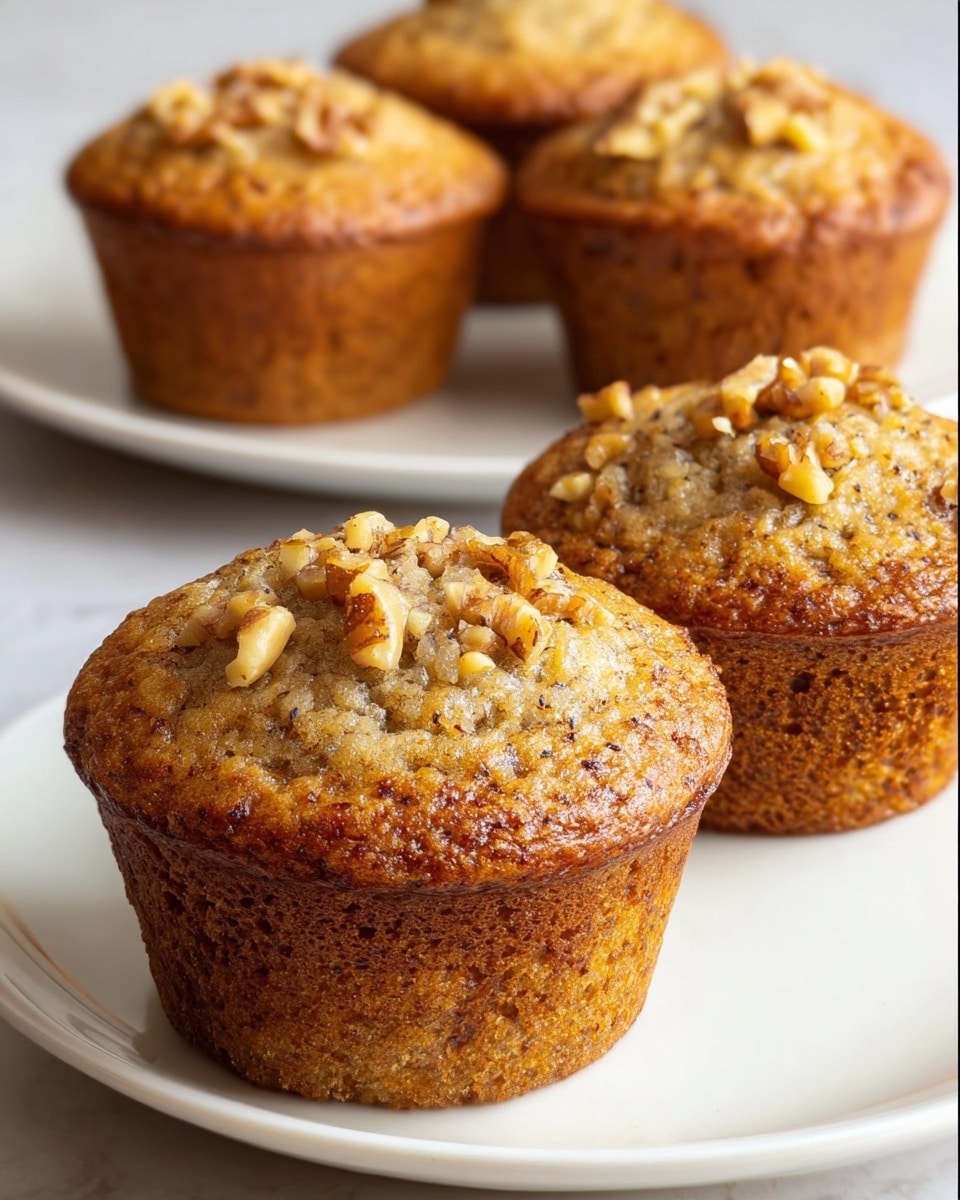 Three golden brown muffins with a rough textured top sprinkled with chopped walnuts and oats sit closely together on a simple white plate. Each muffin has a slightly rounded top with a crumbly surface and the sides show a denser, softer texture with darker baked edges. The plate rests on a white marbled textured surface with soft natural light casting gentle shadows, emphasizing the muffins' warm and inviting appearance. Photo taken with an iphone --ar 4:5 --v 7