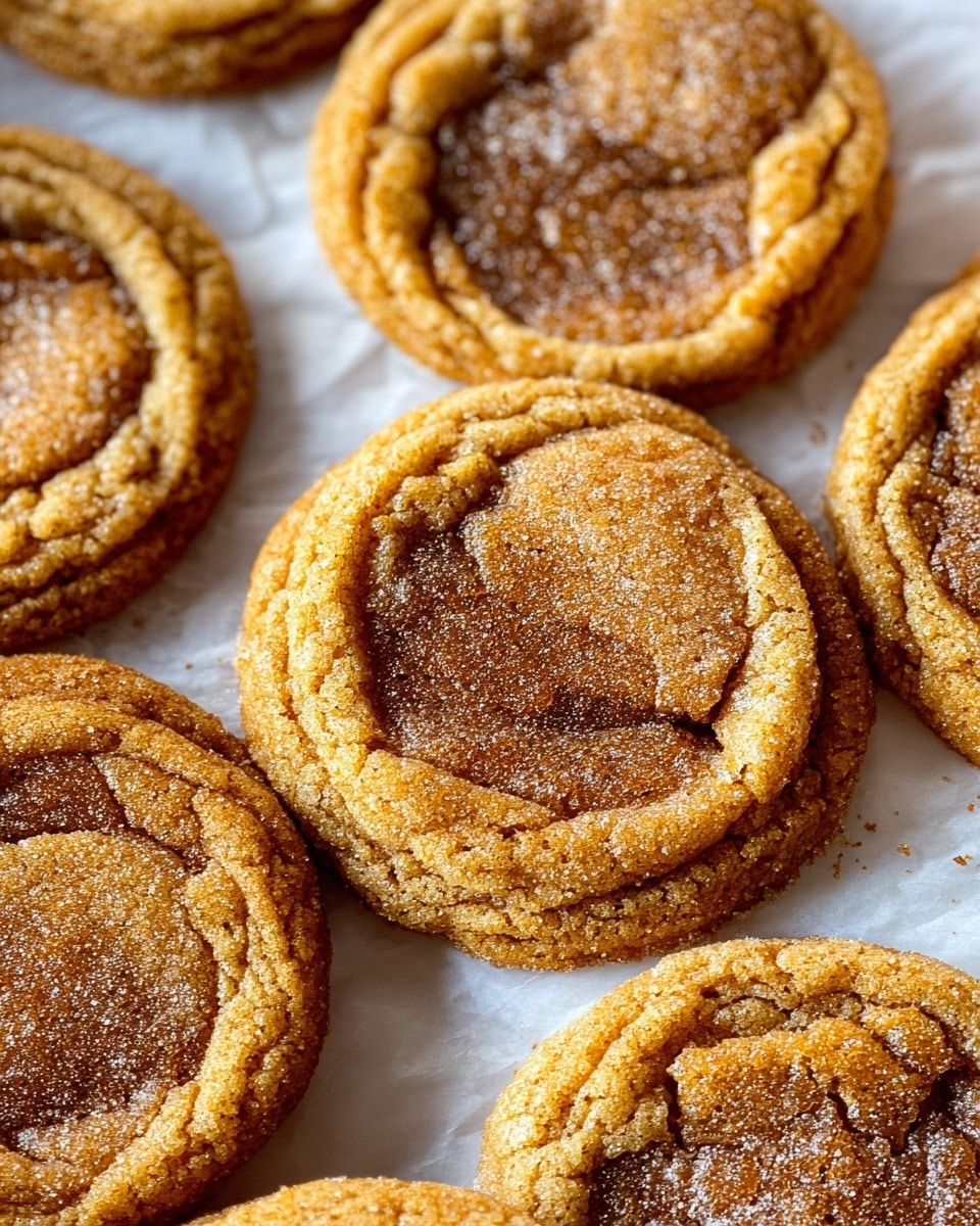 The image shows multiple round, golden-brown cookies with slightly cracked tops resting closely together on a white marbled surface lined with white parchment paper. Each cookie has a darker caramelized center surrounded by a lighter brown ring and textured edges that are thick and slightly crisp. The cookies have a slightly shiny, sugary coating on top and appear soft and chewy with a dense texture. The light highlights the uneven surface and slight cracks on the cookies, giving a fresh baked look. photo taken with an iphone --ar 4:5 --v 7