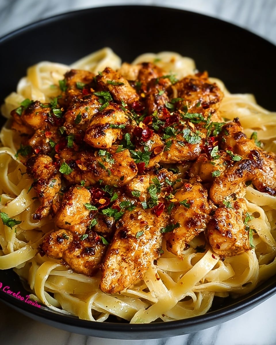 The dish shows a black pan filled with two layers; the bottom layer is flat, pale beige fettuccine pasta with smooth texture, and on top there is a thick layer of golden-brown grilled chicken pieces coated in spices, glistening with a light sauce. The chicken is garnished with small bright green herb leaves scattered evenly and bits of red chili flakes that add color contrast. The whole dish looks rich and flavorful, placed on a white marbled surface. photo taken with an iphone --ar 4:5 --v 7