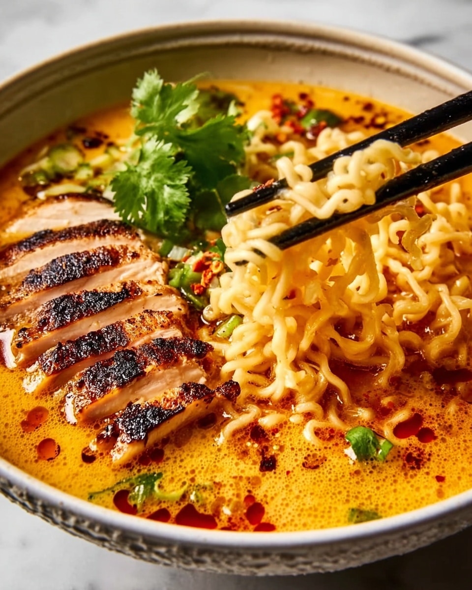 A bowl filled with rich golden-orange ramen broth shows a layer of curly noodles being lifted with black chopsticks from the right side. Along the left edge, there are slices of grilled chicken with a charred, brown crust and tender white inside, arranged neatly in a row. The broth's surface glistens with spots of red chili powder and small green scallion pieces scattered around. A sprig of fresh green cilantro sits on top near the noodles. The bowl is white with a textured rim, set against a white marbled background. Photo taken with an iphone --ar 4:5 --v 7
