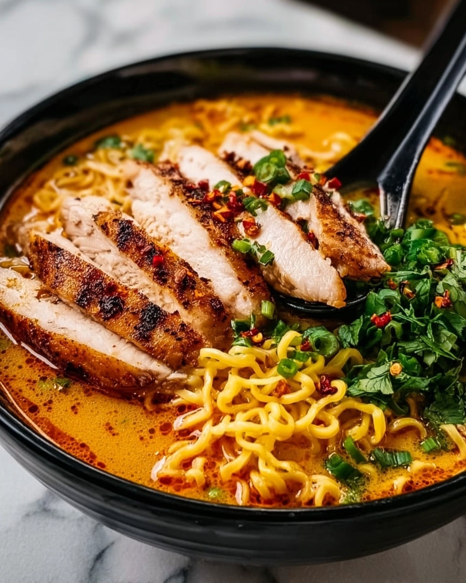 The image shows a black bowl filled with a rich orange broth of ramen noodles. Inside the bowl, on the right side, there is a layer of yellow curly noodles with some green chopped onions on top. At the center, there are several thick slices of cooked chicken breast with a browned, slightly crispy texture on top sprinkled with red chili flakes and green herbs. Behind the chicken, there is a pile of fresh green chopped herbs adding a bright contrast. A black spoon is placed in the bowl on the right side, lifting the chicken slices. The bowl sits on a white marbled surface. Photo taken with an iphone --ar 4:5 --v 7