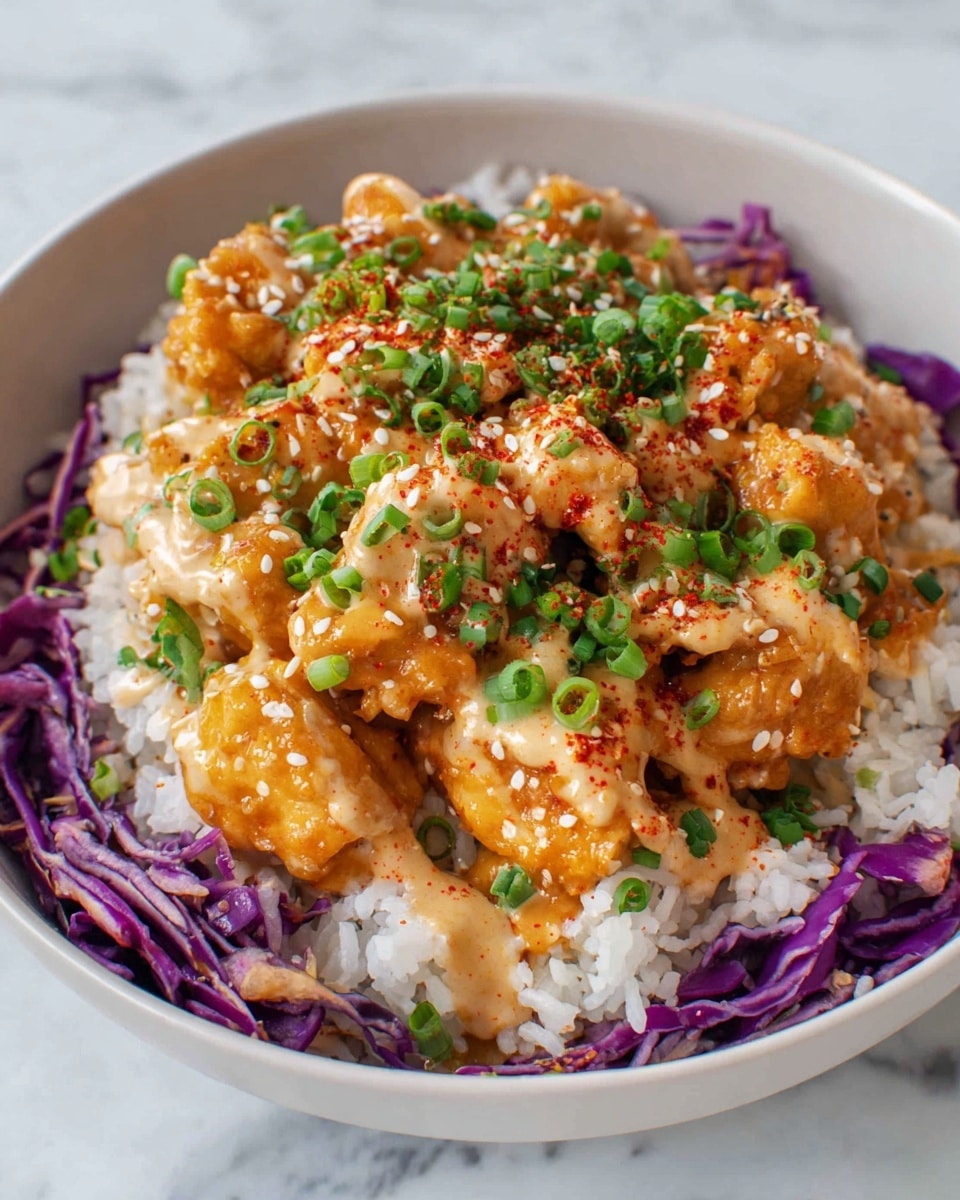 A white bowl holds a three-layer dish starting with a base of white rice at the bottom, topped with a layer of shredded purple cabbage, and finished with golden-orange chunks of sauced chicken on top. The chicken is drizzled with a creamy light orange sauce and sprinkled with bright green chopped scallions and white sesame seeds. There is also a light dusting of red spice flakes across the chicken. The bowl sits on a white marbled surface. photo taken with an iphone --ar 4:5 --v 7