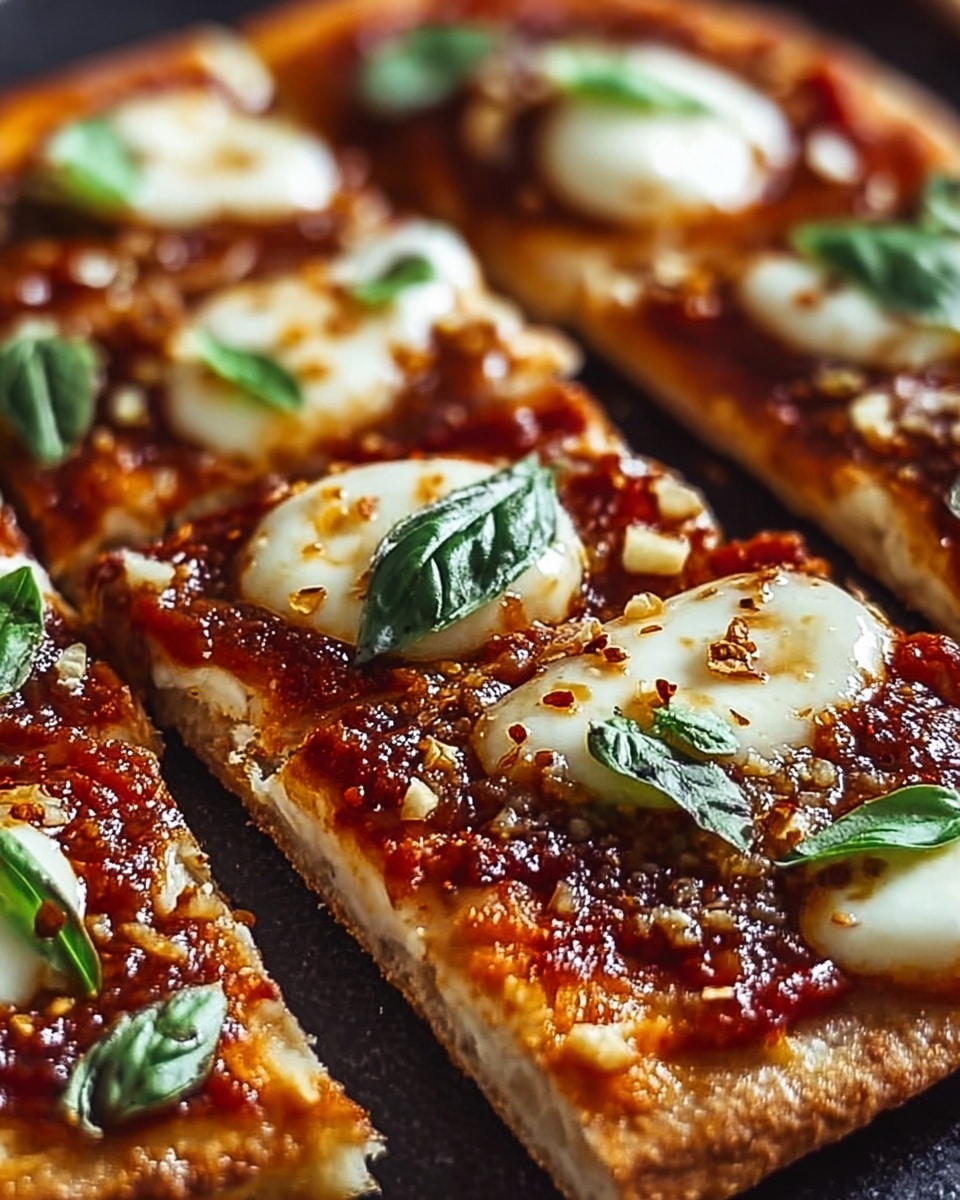 The image shows a close-up view of a pizza cut into rectangles, each piece topped with three main layers. The base layer is a thin, golden brown crust with a slightly crispy edge. On top of this is a rich, red tomato sauce spread evenly, followed by melted white mozzarella cheese in rounded dollops with light brown roasted spots. Fresh green basil leaves are scattered on top, adding vibrant color, along with small pieces of minced garlic and a sprinkle of red chili flakes. The pizza rests on a dark surface that contrasts with its colors. Photo taken with an iphone --ar 4:5 --v 7