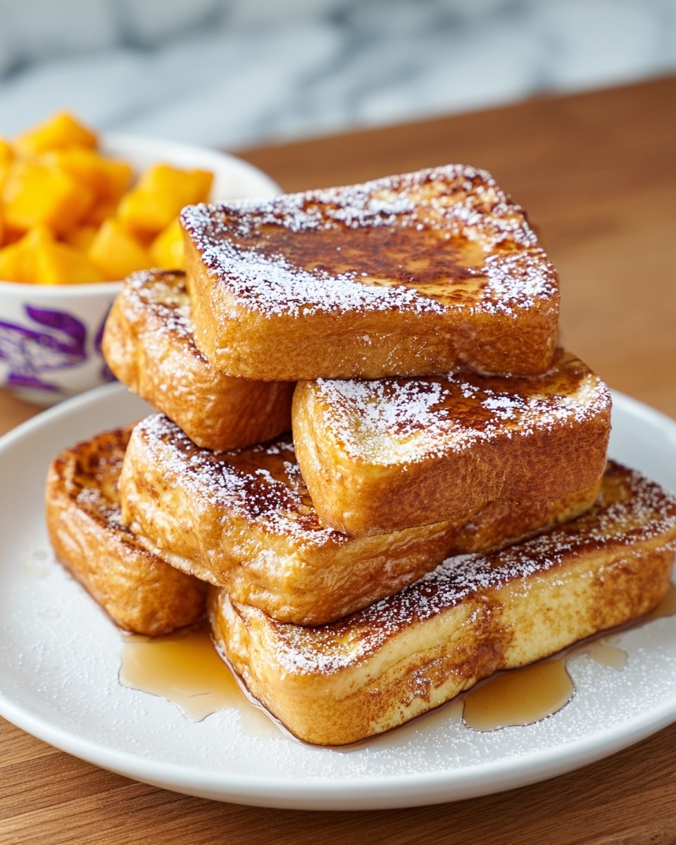 A white plate holds a stack of seven thick French toast pieces, arranged in two layers: four on the bottom and three on top. Each piece is golden brown with crispy edges and a soft, slightly textured center, showing a nice caramelized surface. The toast is lightly dusted with powdered sugar, giving a touch of white contrast on the warm brown crust. A light drizzle of syrup pools softly around the base, adding a shiny finish. The plate sits on a wooden surface with a white marbled texture background. In the back, a white bowl filled with golden cubed fruit is slightly out of focus, adding a pop of yellow color to the scene. photo taken with an iphone --ar 4:5 --v 7