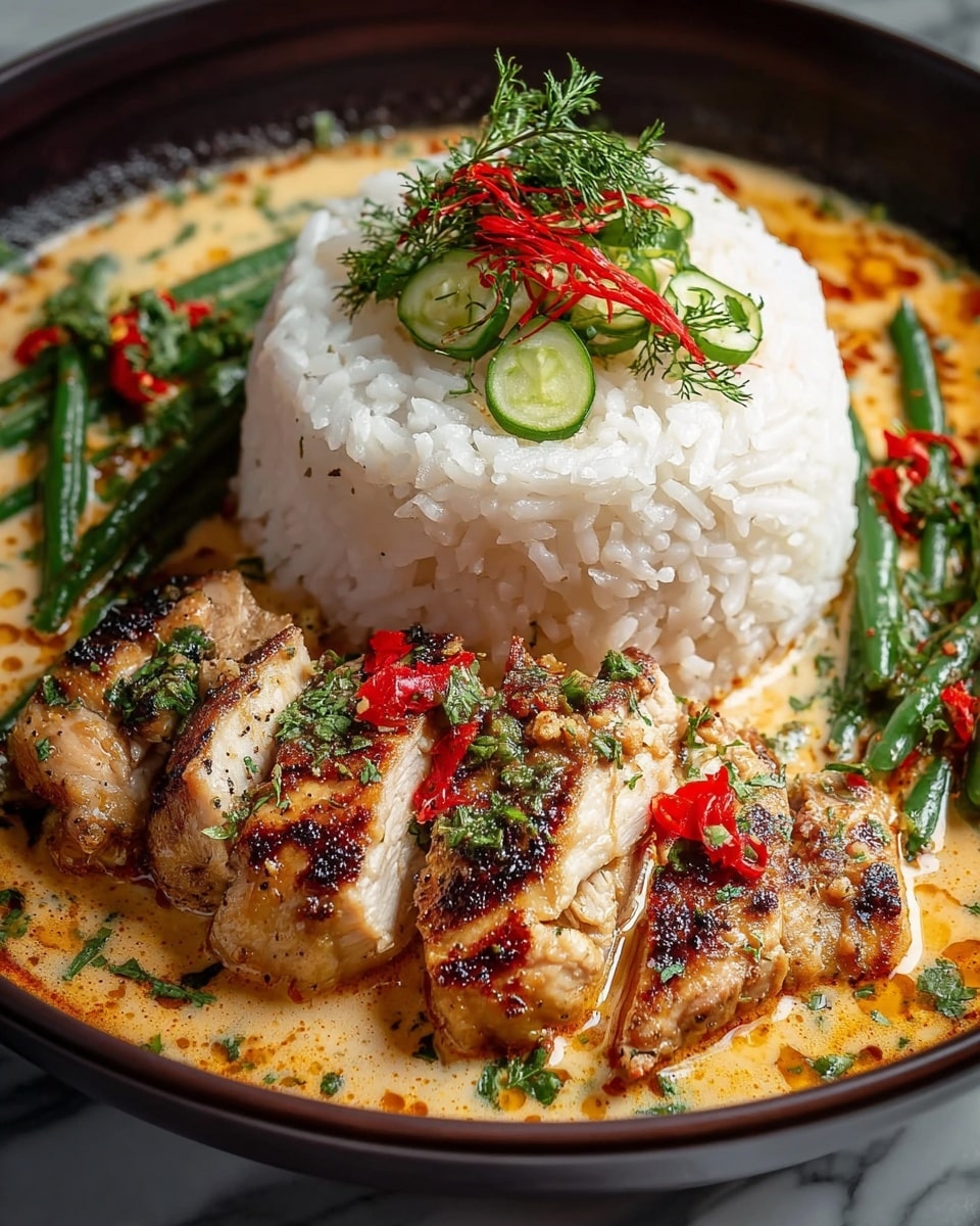 The dish is served in a round brown bowl filled with a creamy light orange broth speckled with oil and small herbs. In the center, there is a neat mound of white rice topped with thin green herbs and red chili flakes. To the left, slices of grilled chicken, golden brown with charred edges and sprinkled with chopped green herbs and red chili pieces, are arranged close to the rice. On the right side of the bowl, green beans or similar long green vegetables are mixed into the broth, garnished with herbs and red chili bits. The background shows a white marbled texture. Photo taken with an iphone --ar 4:5 --v 7