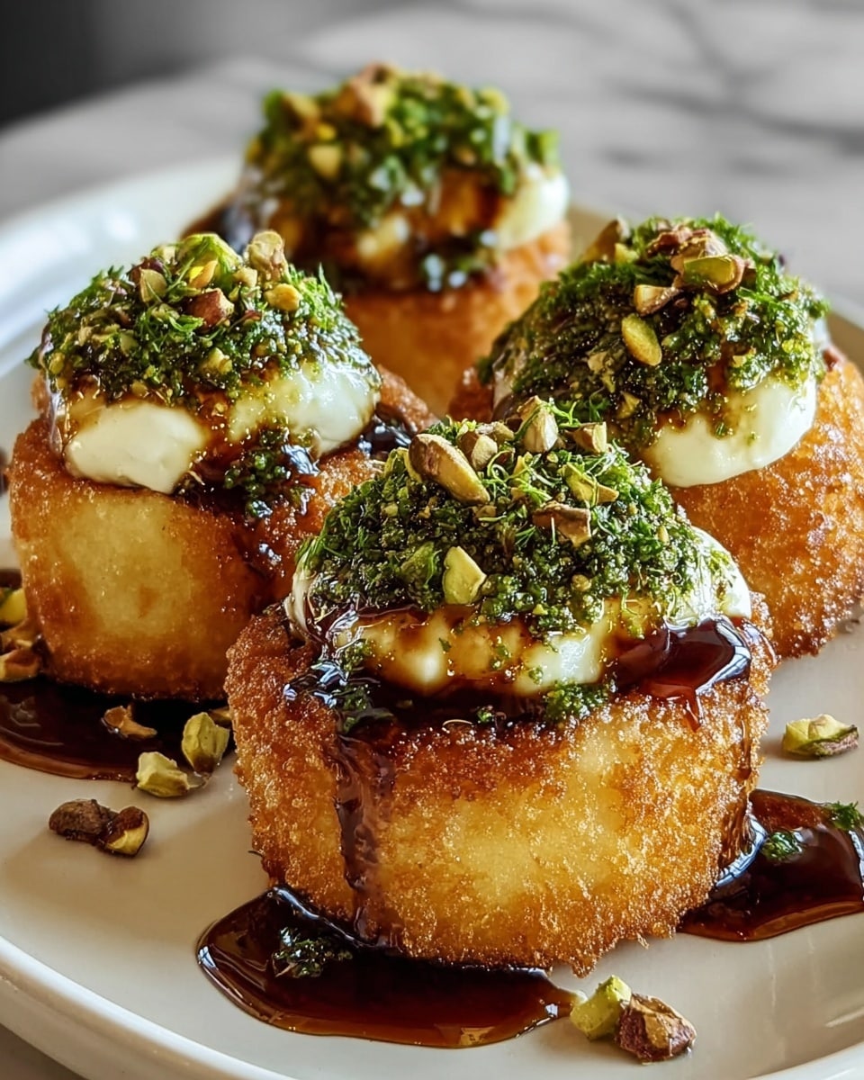 The dish shows four golden brown fried rounds as the base layer, each with a crispy texture. On top of each fried round is a soft, creamy white layer of cheese or cream. Above that is a glossy dark brown sauce layer that drips slightly down the sides. The top layer is a coarse green garnish mixed with small chopped nuts, adding color and texture contrast. The items sit on a clean white plate placed on a white marbled surface. photo taken with an iphone --ar 4:5 --v 7