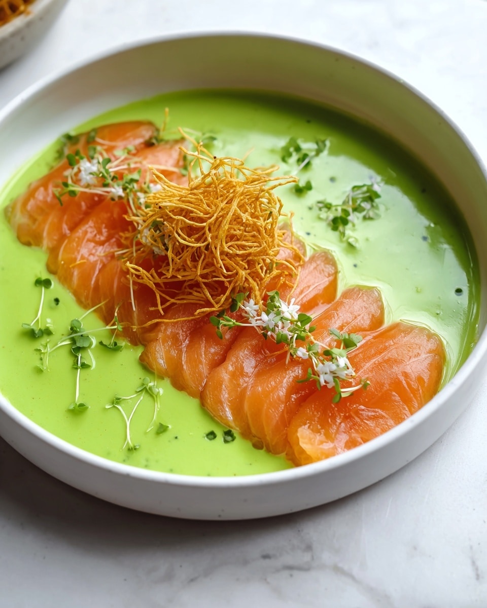 A white bowl holds a bright green smooth sauce that fills the base, with droplets of dark brown oil spread over it. On top, there is a rectangular layer of light orange raw salmon slices arranged closely side by side, showing the fish’s natural lines and texture. The salmon is topped with thin, crisp golden strands arranged loosely, garnished with small white edible flowers and fresh green herb sprigs scattered on and around the strands. The dish sits on a white marbled surface. Photo taken with an iphone --ar 4:5 --v 7