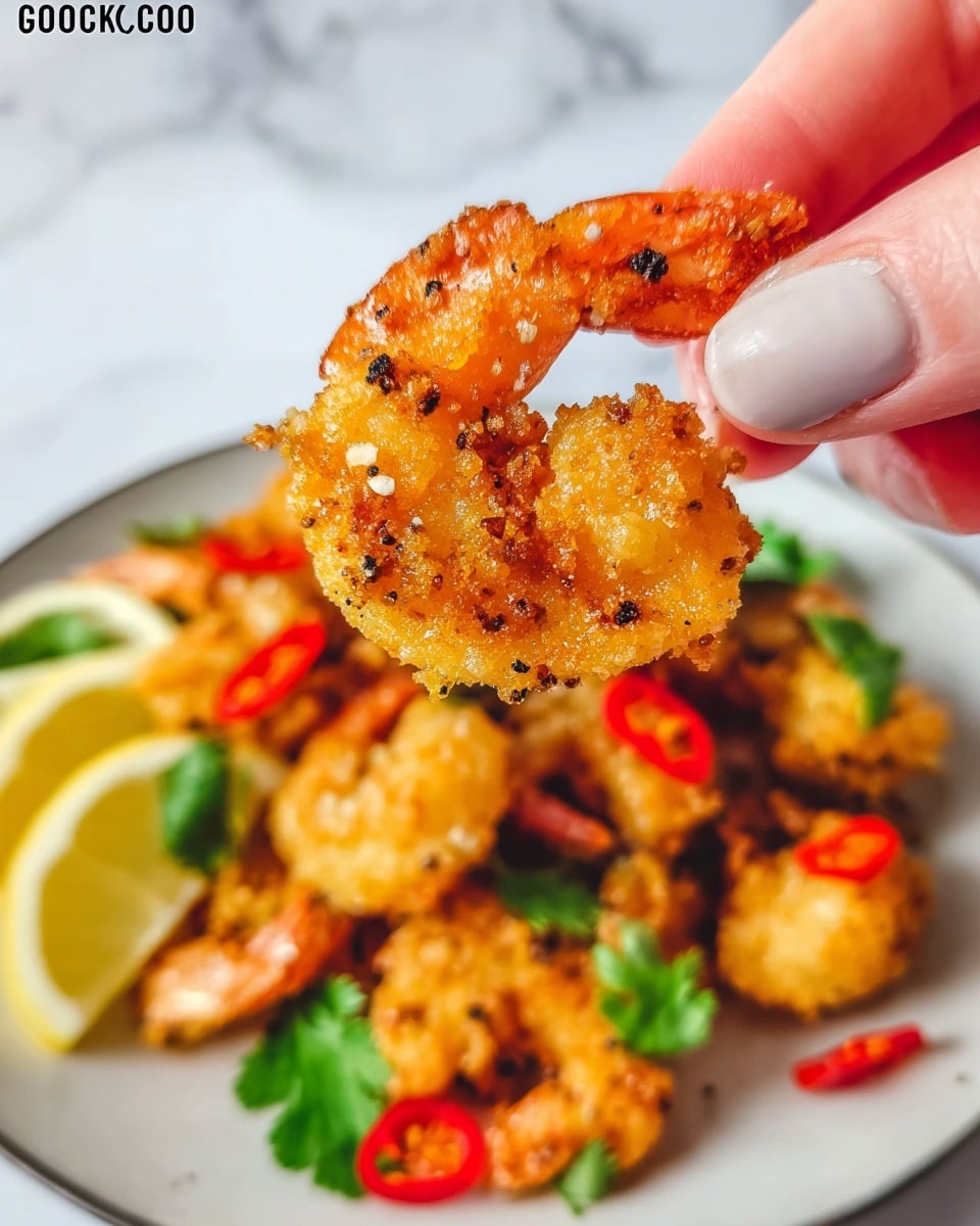 A white plate holds a pile of golden crunchy fried shrimp with visible black pepper specks on their crisp coating. Mixed throughout are bright green sliced scallions, fresh cilantro leaves, and thin slices of red chili peppers, adding pops of color. On the side, a white bowl contains a coarse dark dipping sauce, and a lemon wedge peeks from the left edge. The plate sits on a white marbled surface, and wooden chopsticks rest nearby in the background. The overall scene looks bright and fresh with a close-up view showing texture details. photo taken with an iphone --ar 4:5 --v 7