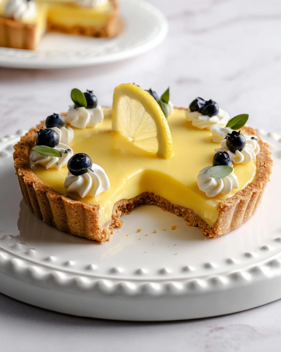 A lemon tart with two visible layers sits on a white plate with raised dot details on the edge; the bottom layer is a light brown crumbly crust, topped by a smooth, glossy, bright yellow lemon filling. On top, there are small white cream swirls evenly spaced around the tart’s center, decorated with fresh dark blue blueberries and small green leaves. At the center, a thin slice of lemon is folded stylishly. A bite is taken out from the front edge of the tart, showing the creamy texture of the lemon filling above the crust. The plate rests on a round white surface with a marbled texture. photo taken with an iphone --ar 4:5 --v 7