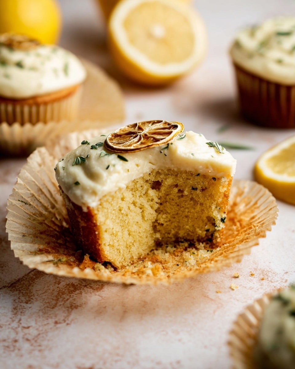 A cupcake with two layers is shown, with a soft yellow cake base and a thick creamy white frosting layer on top, decorated with small green herbs embedded inside the frosting. The cupcake is cut in half, revealing a moist texture, and placed on crinkled beige paper. A small dried slice of citrus fruit rests on the frosting near the center cut. In the background, there are whole cupcakes topped similarly and slices of fresh yellow lemon on a white marbled texture. The overall scene has a warm, natural look. photo taken with an iphone --ar 4:5 --v 7