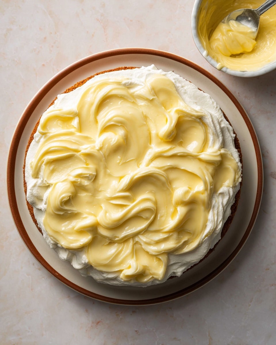 The image shows a single-layer round cake placed directly on a brown-edged white plate. The cake has a thick spread of white fluffy cream as the base layer, topped unevenly with swirls of smooth pale yellow custard cream. The custard swirls are glossy and spread in random large waves over the soft white cream, creating a two-tone contrast of creamy white and soft yellow. A small part of the creamy yellow custard is seen in a separate white bowl in the upper right corner with a spoon inside it. The whole scene is set against a white marbled texture surface. photo taken with an iphone --ar 4:5 --v 7